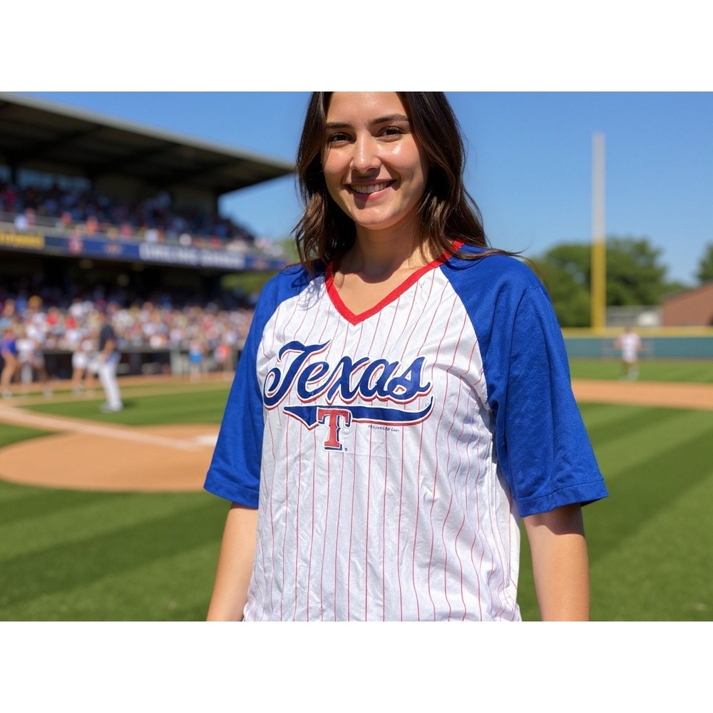 New Era Womens Texas Rangers Baseball Jersey V Neck Raglan white Blue L sporty